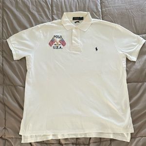 Ralph Lauren CUSTOM FIT Crossed USA Flags Rugby Polo Shirt White Mesh Cotton